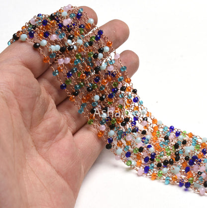 1-50 foot Multi Disco Hydro Faceted Rondelle Beads Rosary Chain,3mm Rose Gold Plated Wire Wrap Jewelry Necklace Making Chain Rosary Handmade
