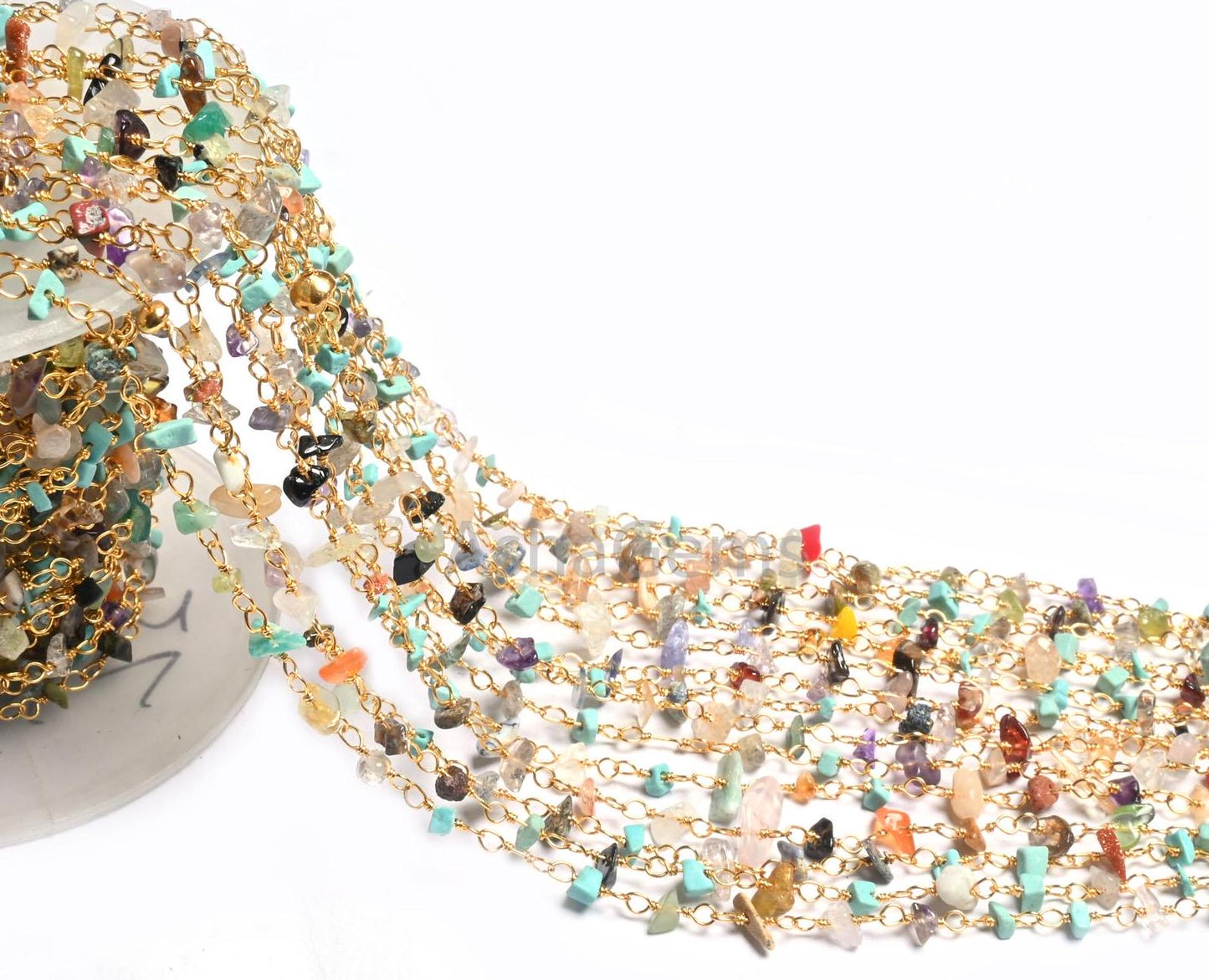 1,3,5,10 Feet Chain Natural Gemstone Multi Color Beads Rosary Chain Gold Plating Wire Disco Uncut Chip Beaded Rosary Chains Finding Jewelry
