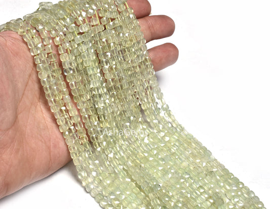 Beautiful Prehnite Faceted 3D Cube Box Beads,13" Strand,4mm, Beautiful Green Prehnite Box Shape Beads,Prehnite Loose Bead Jewelry Craft SALE