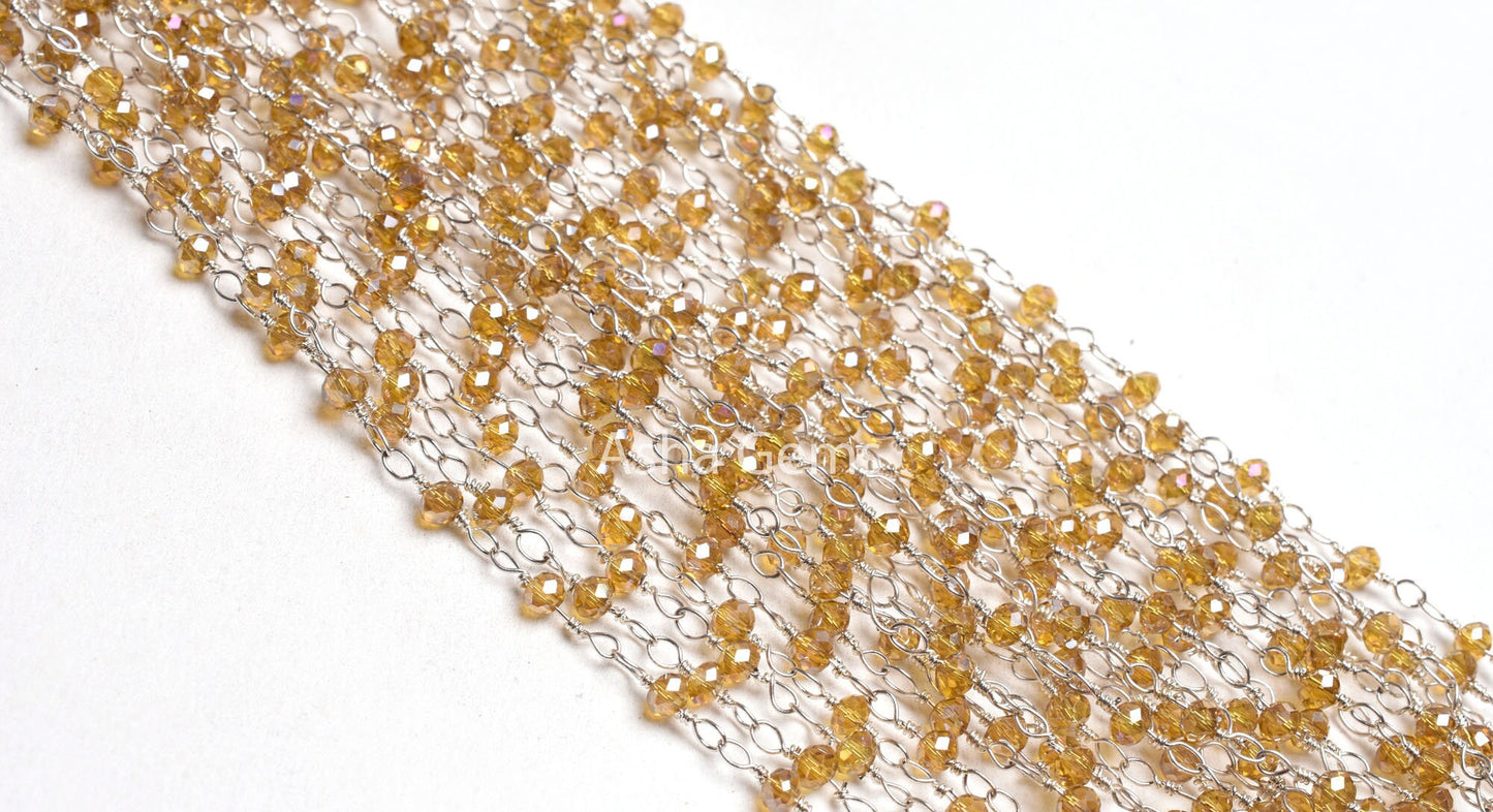AAA Quality Brown Quartz Hydro Silver Coated Beads Rosary Chain, Silver Plated Wire Faceted Rondelle Beads handmade Chain Jewelry Craft SALE