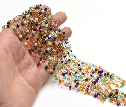 Beautiful Multi Disco Hydro faceted Rondelle Bead Rosary Chain, Mix Color Bead Gold Plated Wire Wrap Rosary Chain By Feet Jewelry Craft SALE
