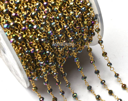 Beautiful Mystic Pyrite Hydro Faceted Rondelle Gemstone 3 mm Rosary Beaded Gold Plated Rosary Chain Roll Wire Wrap Jewelry Making Handicrafts SALE