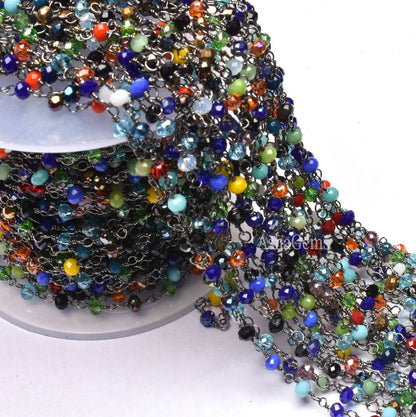 Fine Multi Disco Color Hydro Rondelle Faceted Beads Rosary Chain Black Plated Gunmetal Wire Beaded Handmade Chain Rosary Jewelry Making SALE