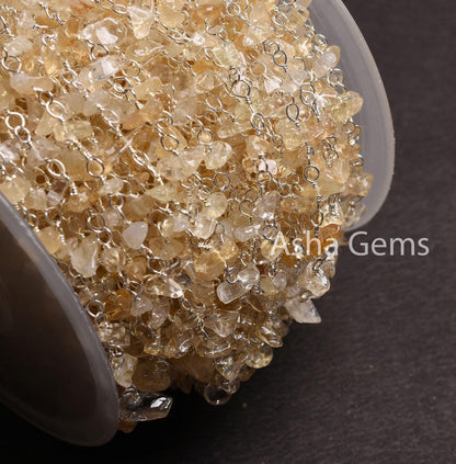 Natural Citrine Quartz Uncut Chip Beads Rosary Chain Silver Plated Wire Wrap Beaded handmade Chains,Gemstone Nugget Chain Jewelry Craft SALE