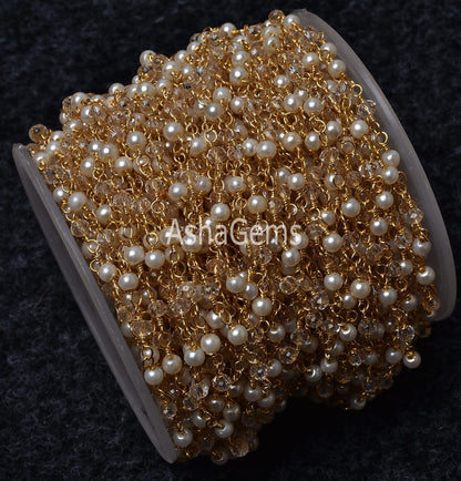 5,10,50 Foot Pearl Clear Crystal Quartz Hydro Faceted Rondelle Beads Rosary Chain Gold Plated Wire Beaded Chain,Finding Jewelry Making Craft