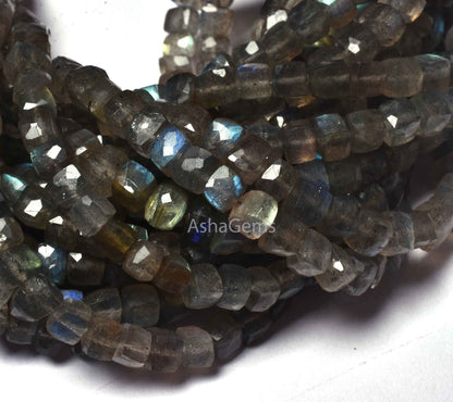 7" Strand labradorite Box Shape Beads, Natural Fire Labradorite Faceted 3D Cube Box Beads,4.5-5mm Black Rainbow cube Beads For Jewelry Craft