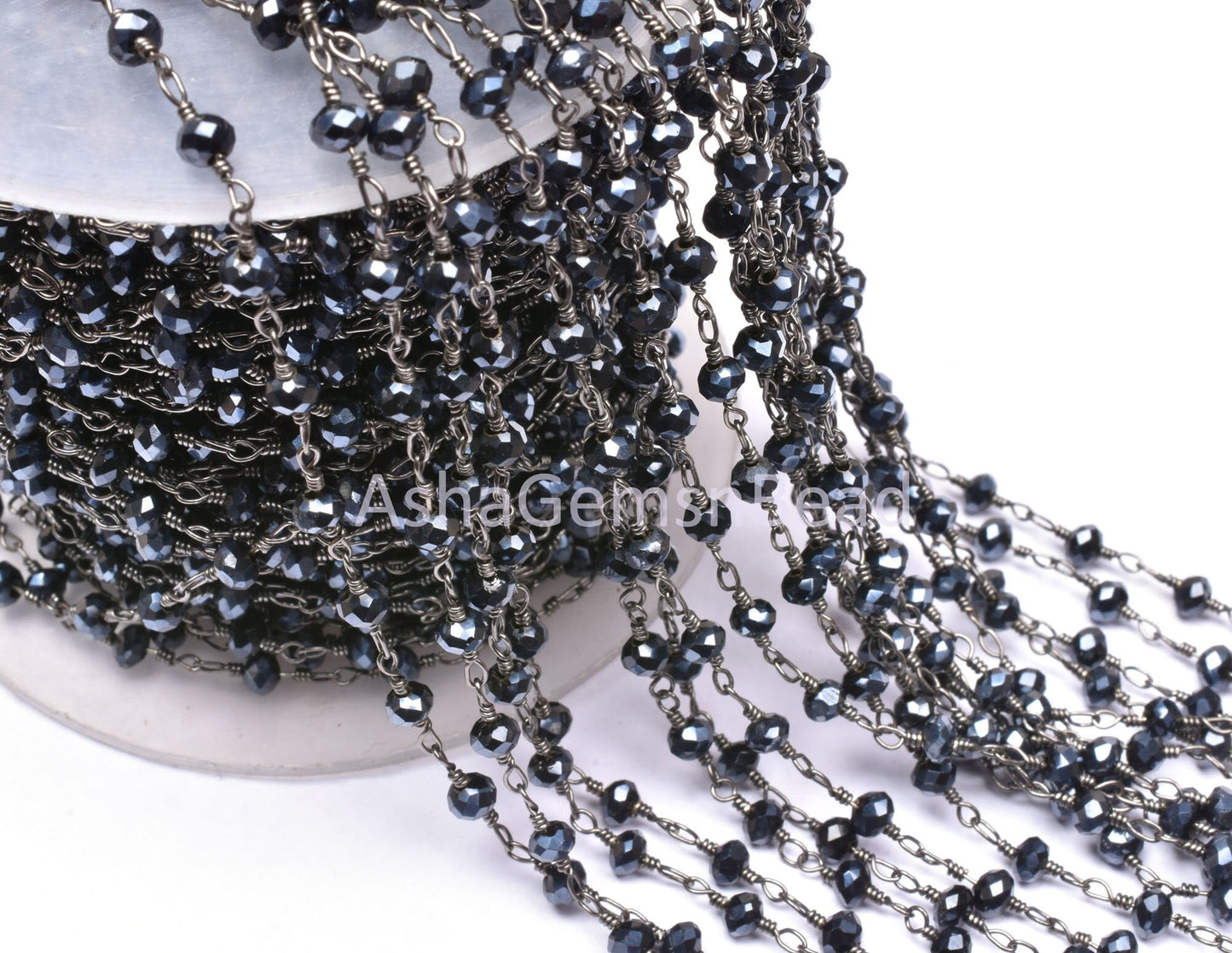 AAA Black Spinel Hydro Silver Coated Faceted Rondelle Beaded Rosary Chain Jewelry Making Finding, Black Plated Wire Wrap Handmade Chain Bead