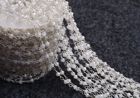 Gold Silver Plated Wire 3,5,10,25 Ft, White Quartz Hydro Rondelle Faceted Beaded Rosary Chain Jewelry Making,3-3.5 mm Beads Rosary Chains