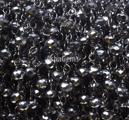 SALE AAA Silver Pyrite Hydro Faceted Rondelle Beads Rosary Chain,3 mm Black Plated Gunmetal Wire Wrap Handmade Chain Jewelry Necklace Making