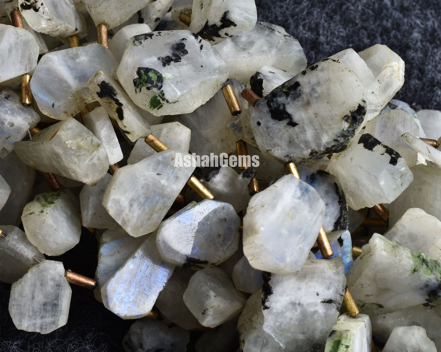 Natural Moos Rainbow Moonstone Slice Rough beads,13" Blue Fire Rainbow Raw Uneven Shape Beads, Black Dot Rainbow Moonstone Flat Slice beads