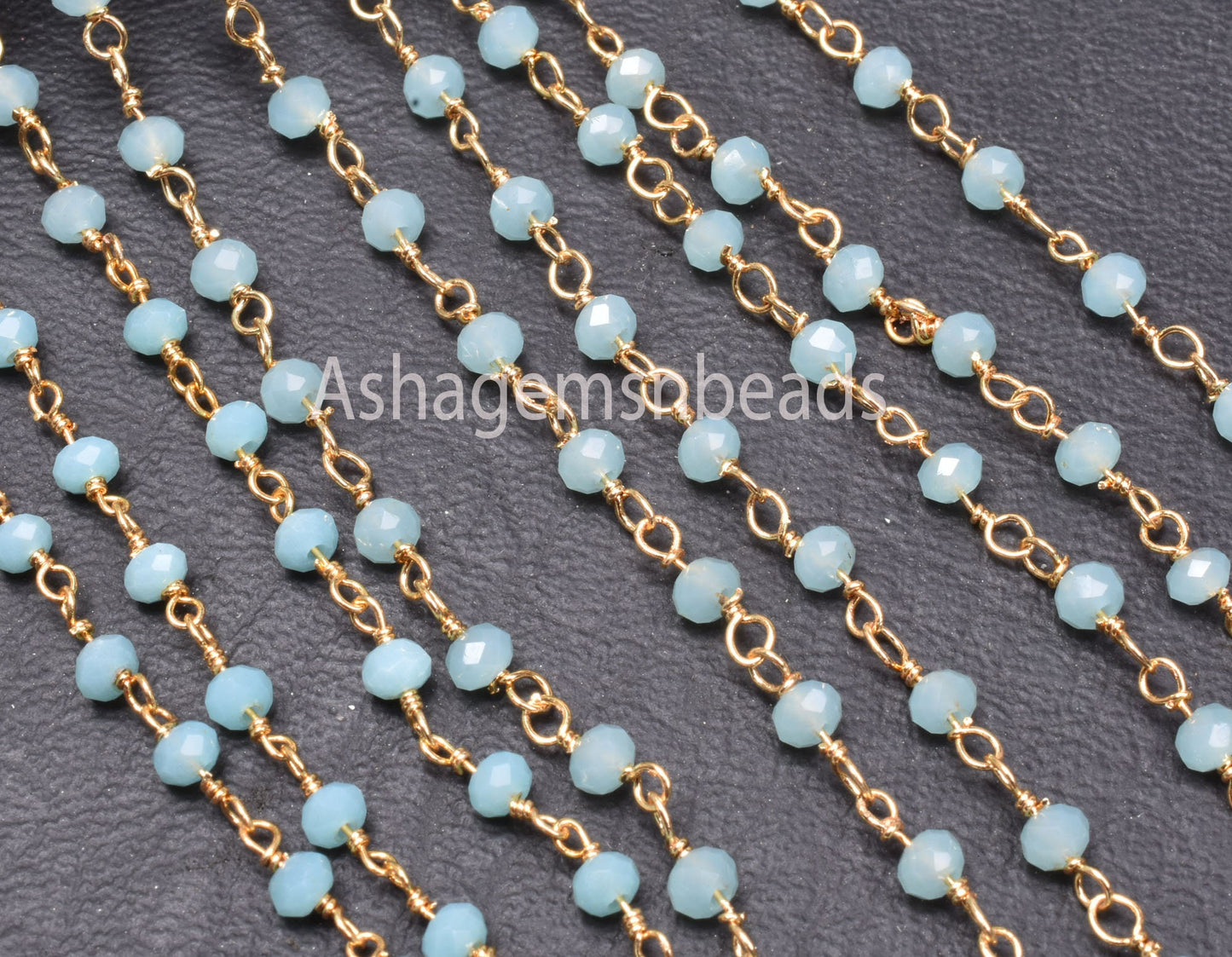 1,5,10,50 Feet Chain Blue Milky Aqua Chalcedony Hydro Faceted Rondelle Beads Rosary Chain Gold Plated Wire Bulk Roll Findings Beaded Chains