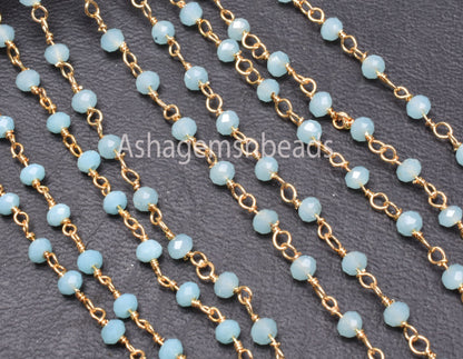 1,5,10,50 Feet Chain Blue Milky Aqua Chalcedony Hydro Faceted Rondelle Beads Rosary Chain Gold Plated Wire Bulk Roll Findings Beaded Chains