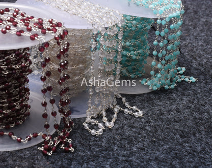 92.5 Silver Rosary chain Wire Wrapped Natural garnet Crystal Amazonite Faceted Beads Chain Real Silver gemstone Beaded rosary chains Jewelry