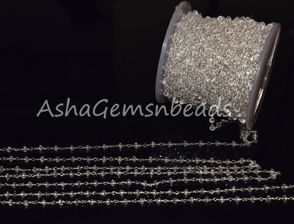 3,5,10,25 Feet,Crystal Quartz Hydro Rondelle Faceted Beads Rosary Chain,Silver Plated Wire,Jewelry Making Craft,Finding,3-3.5mm,Beaded Chain