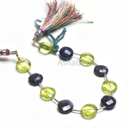 Beautiful Lapis Lazuli+ Peridot Hydro Faceted Coin Shape Gemstone Beads,11mm Multi Color Stone Coin Straight Drill Bead Jewelry Making Craft