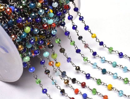 Fine Multi Disco Color Hydro Rondelle Faceted Beads Rosary Chain Black Plated Gunmetal Wire Beaded Handmade Chain Rosary Jewelry Making SALE
