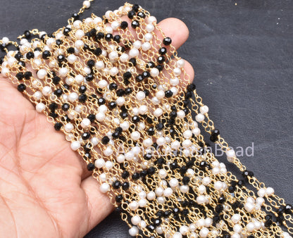 1,5,10,25 feet Beautiful Pearl, Black Spinel Hydro Beads Rosary Chain, Spinel Pearl Hydro Rondelle Beaded Chain, Gold Plated Wire Bulk Roll