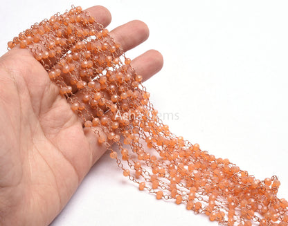 AAA Peach Moonstone Hydro Faceted Rondelle Beads Rosary Chain,4 mm Rose Gold Plated Copper Wire Wrap Beaded Handmade Chain Jewelry Necklace