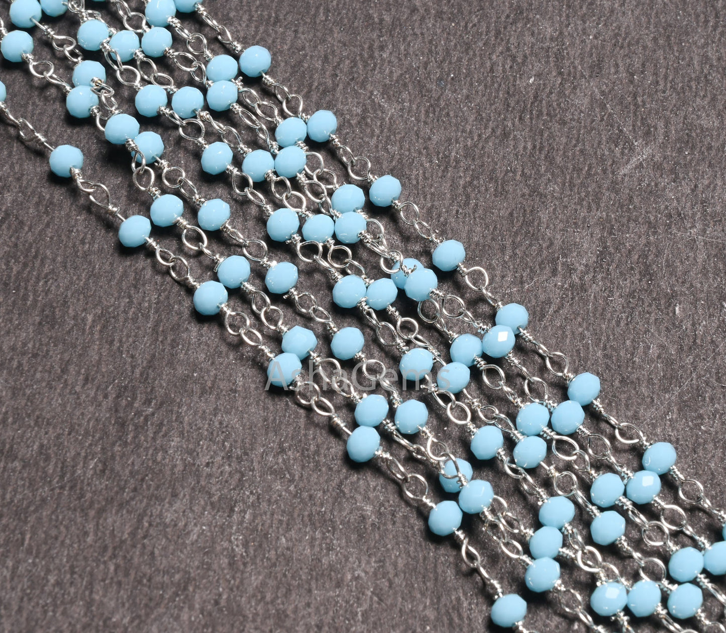 3,5,10,25 Ft, Blue Turquoise Hydro Faceted Rondelle Bead Rosary Chain Silver Plated Wire,Jewelry Making Finding,3-3.5 mm, Bulk Chain Rosary