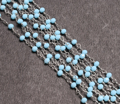 3,5,10,25 Ft, Blue Turquoise Hydro Faceted Rondelle Bead Rosary Chain Silver Plated Wire,Jewelry Making Finding,3-3.5 mm, Bulk Chain Rosary
