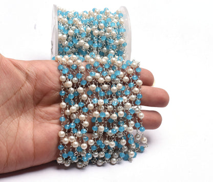AAA Pearl Blue Chalcedony Hydro Faceted Rondelle Beads Chain Rosary Chain Silver Plated Wire Wrap Multi Color Beads Handmade Chains Jewelry