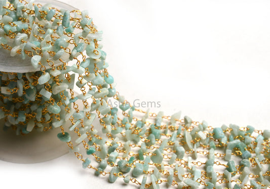 Natural Amazonite Uncut Chip Beads Rosary Chain By Foot Gold Plated Wire Wrap Nuggets Beaded handmade Chain Jewelry Necklace Making Crafts