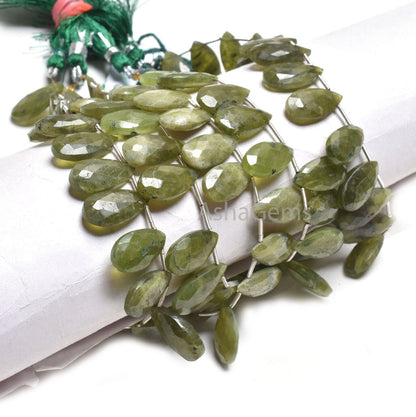Natural Green Vessonite Fancy Long Pears Beads,9-18 mm Vessonite Faceted Teardrop Side Drill Gemstone Beads Vesuvianite Beads Jewelry Making