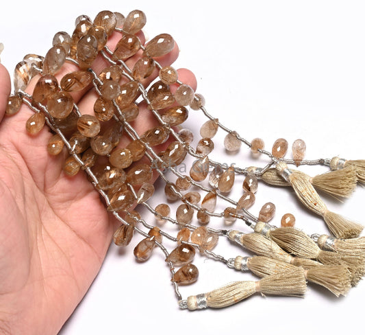 Fine Quality Copper Rutile Faceted Drop Shape Beads, Natural Rutile Quartz Teardrop Briolette Side Drill Gemstone Beads Jewelry Making Craft
