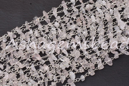 3,5,10 Feet Natural Rose Quartz Uncut Uncut Rosary Chain, Pink rose Quartz Smooth Beads Chain, Silver Plated Chain, Finding, Wholesale Chain