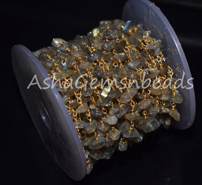 Natural Labradorite Uncut Chips Beads Rosary Chain, Gold Plated Wire Wrap Black Rainbow Nugget Beaded Chain Jewelry making Necklace Crafts