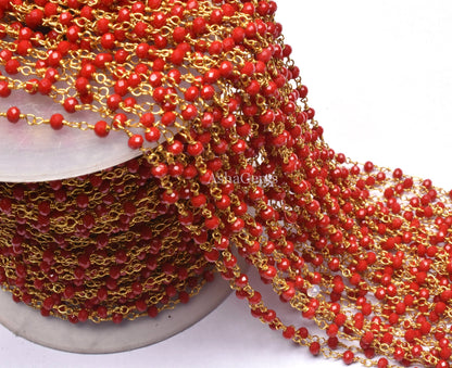 1,3,5,10,25 Feet,Red Onyx Hydro Faceted Rondelle Beaded Rosary Chain Gold Plated Wire Jewelry Making Finding Wrap Chain 3-3.5mm Roll Chain