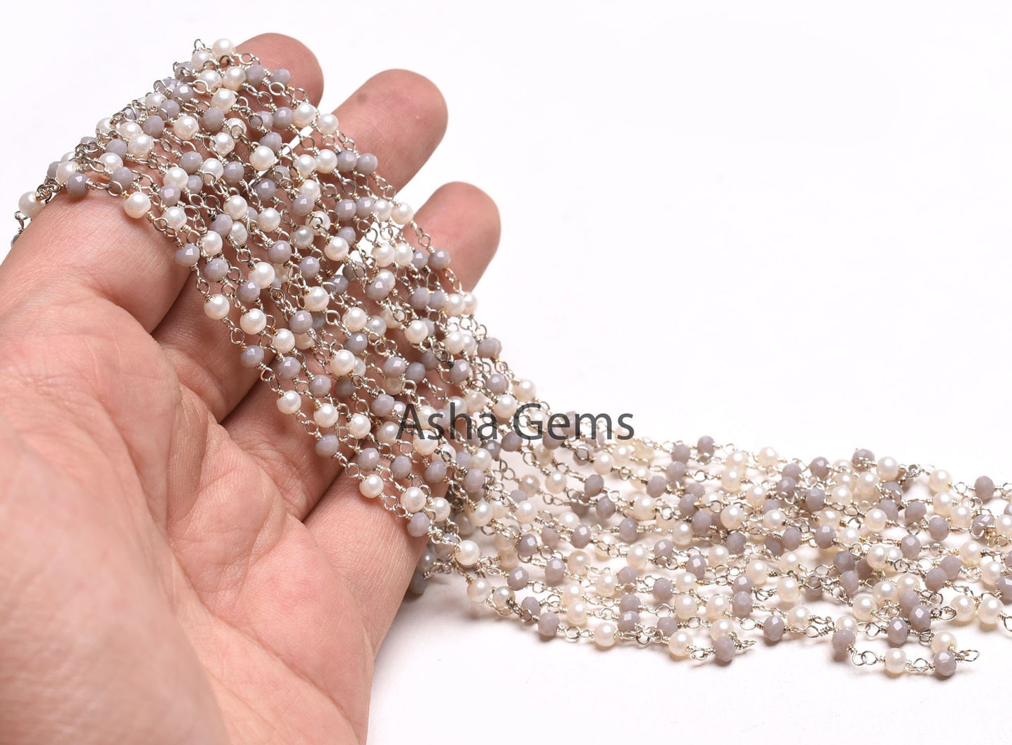 Pearl Grey Moonstone Hydro Beads Rosary Chain 3mm Faceted Rondelle Beads Silver Plated Wire Wrapped Chains Jewelry Making Finding Chain SALE