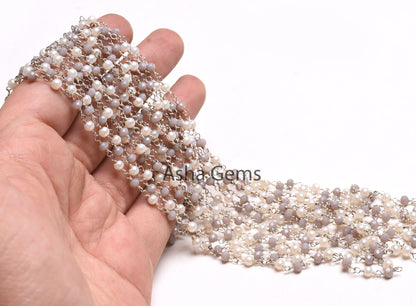 Pearl Grey Moonstone Hydro Beads Rosary Chain 3mm Faceted Rondelle Beads Silver Plated Wire Wrapped Chains Jewelry Making Finding Chain SALE