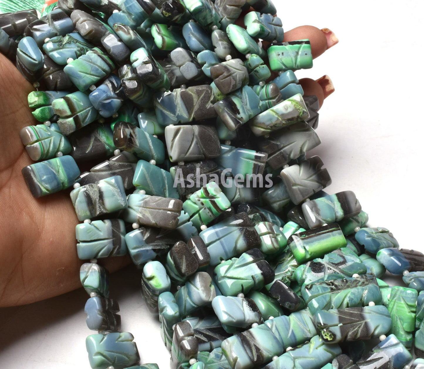 Rare Green Boulder Opal Fancy Rectangle Shape Carving Beads,8" Strand Green Opal Carve Beads, Boulder Opal Side Drill Carved Chiclet Beads