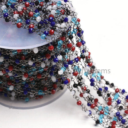 Rosary Chain Disco Micro Cut Beads Chain By Feet,Multi Color Hydro Rondelle Beaded Chain Black Plated Wire Gunmetal Chain jewelry Craft SALE