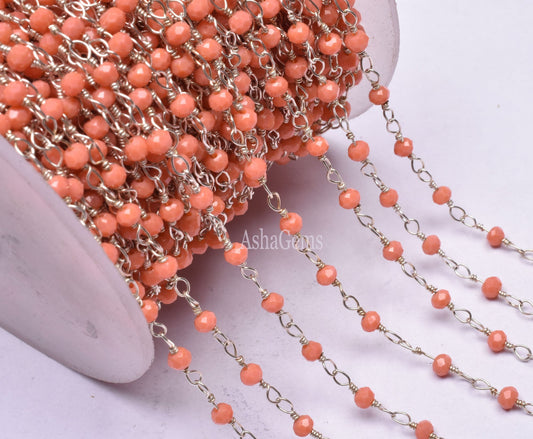 Beautiful Orange Coral Hydro Faceted Rondelle Beads Rosary Chain Silver Plated Wire Wrap Jewelry Making Chain,3-3.5mm Beaded Handmade Chains