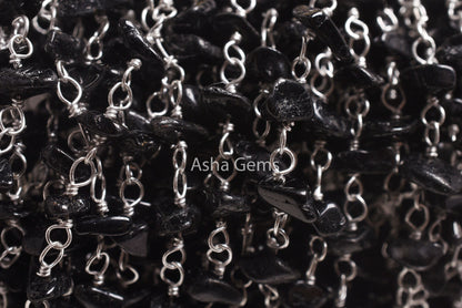 1,3,5,25 Foot, Natural Black Tourmaline uncut Chip Beads Rosary Chain Silver Plated wire Bulk Roll Tourmaline Beaded Rosary Chain For Crafts