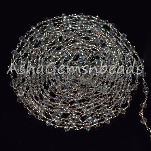3,5,10,25 Feet,Crystal Quartz Hydro Rondelle Faceted Beads Rosary Chain,Silver Plated Wire,Jewelry Making Craft,Finding,3-3.5mm,Beaded Chain