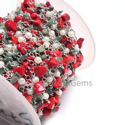 Beautiful Pearl Hydro, Red Stone, Emerald Uncut Chip Beads Rosary Chain, Gold, Silver Plated Multi Color Beaded Chains Jewelry Making Crafts