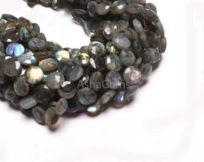 Beautiful Labradorite Faceted Coin Shape Gemstone Beads, natural Multi Flash Black rainbow Coin Briolette T- Drill labradorite Beads Jewelry