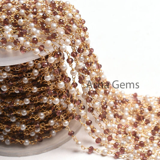 Rosary Chain by Foot Pearl Garnet Hydro Faceted Beads Chain Gold Plated Wire Bulk Roll Jewelry Making Rondelle Beaded Rosary Chain Craft DIY