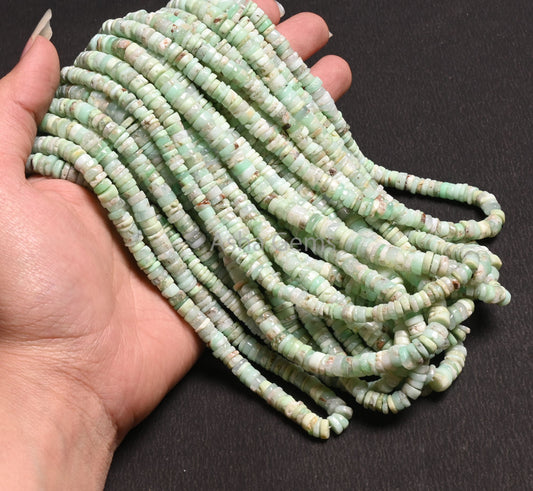Natural Green Chrysoprase Smooth Heishi Tyre Beads Strand Shaded Green Chrysoprase Flat Tyre Beads Handmade Wheel Shape Beads Jewelry Making
