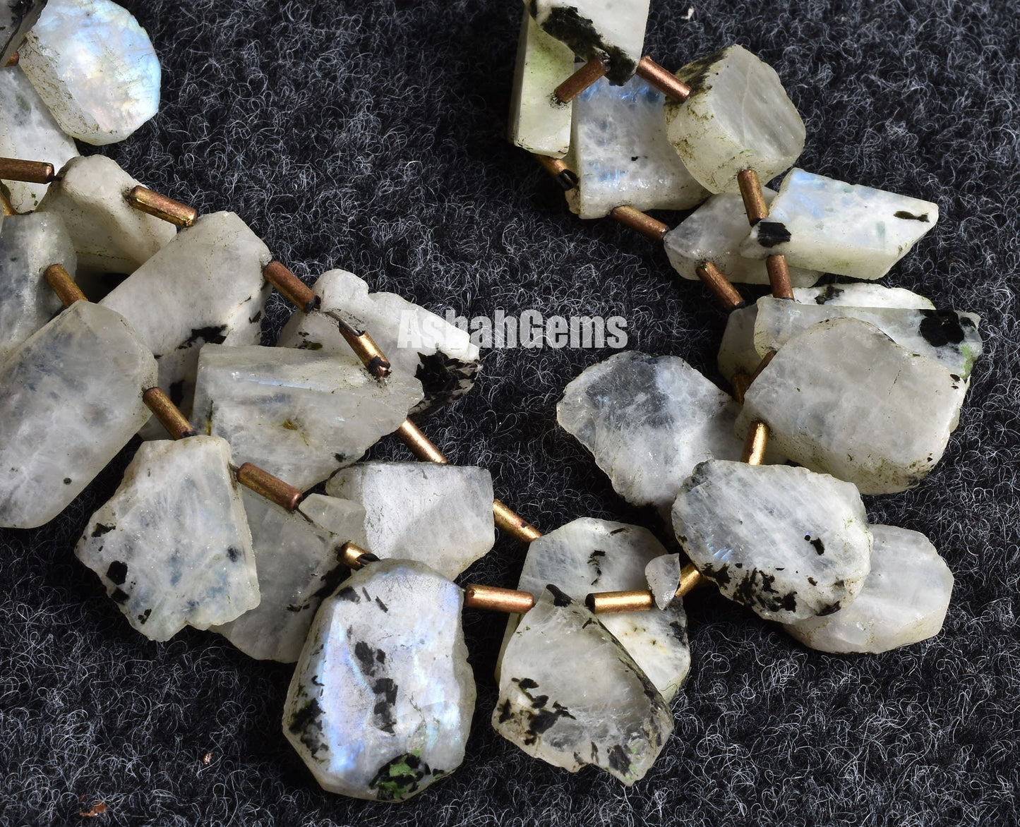 Natural Moos Rainbow Moonstone Slice Rough beads,13" Blue Fire Rainbow Raw Uneven Shape Beads, Black Dot Rainbow Moonstone Flat Slice beads