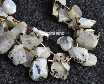 Natural Moos Rainbow Moonstone Slice Rough beads,13" Blue Fire Rainbow Raw Uneven Shape Beads, Black Dot Rainbow Moonstone Flat Slice beads