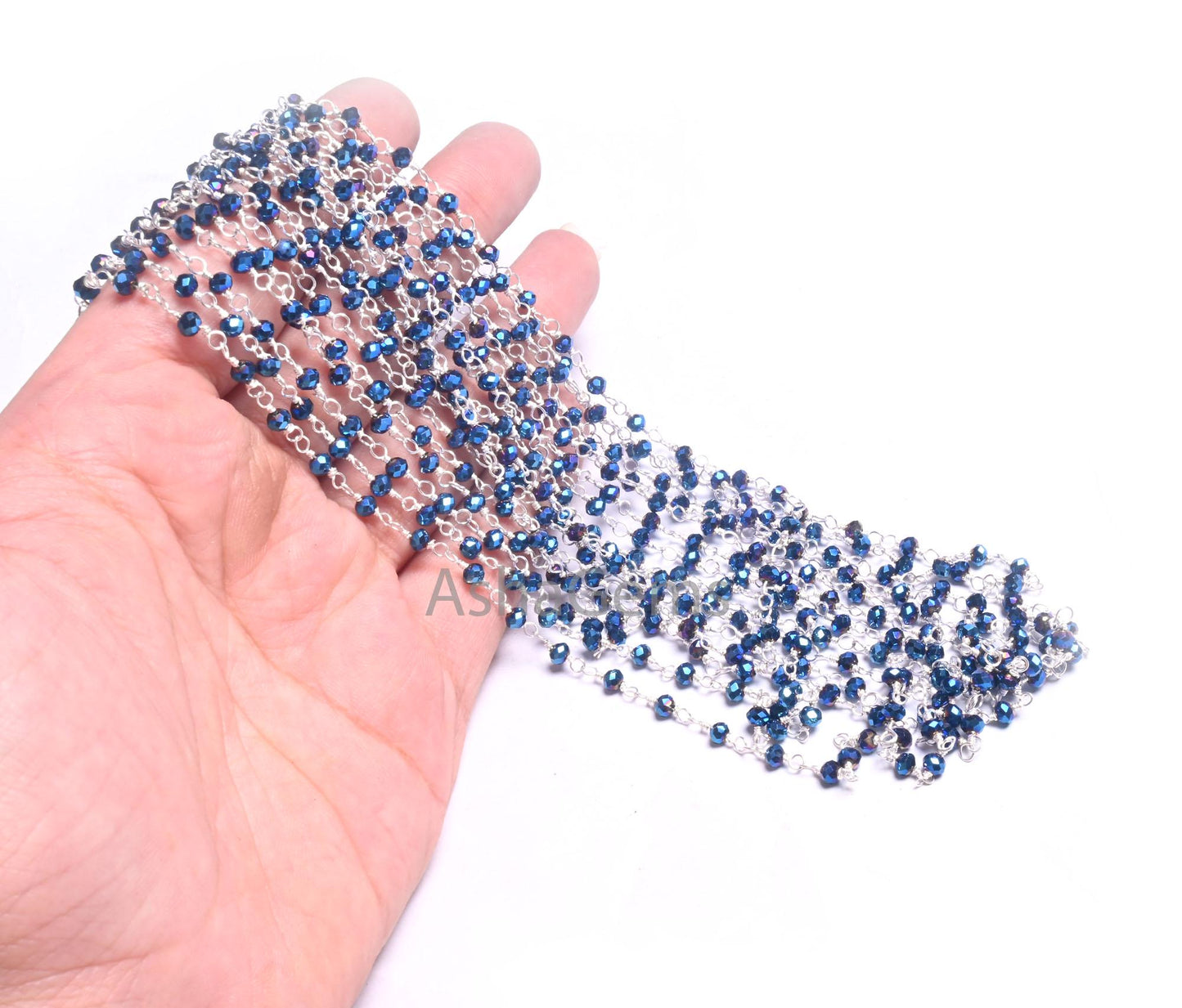 1,3,5,10,50 Feet,Blue Titanium Pyrite Hydro Faceted Rondelle Beaded Rosary Chain Silver Plated Wire,Jewelry Making Finding,Wire Chain 3.50mm