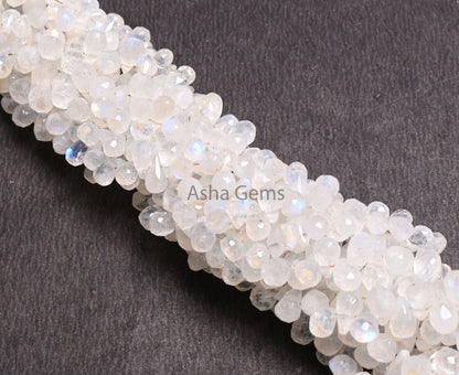 Natural Blue Flash Rainbow Moonstone Tiny Drops Shape Faceted Beads,9"Blue Fire White Rainbow Moonstone Teardrop Briolette Bead Jewelry SALE (AG 18940)