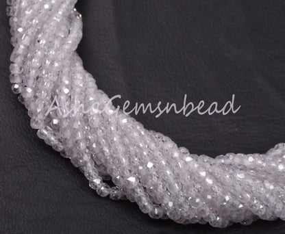 Beautiful White Zircon Faceted Rondelle Beads, 13" Strand, Cubic Zircon Micro Cut Beads, 3 mm, Clear White Zircon Machine Cut Beads, Jewelry
