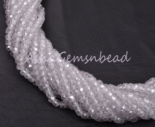 Beautiful White Zircon Faceted Rondelle Beads, 13" Strand, Cubic Zircon Micro Cut Beads, 3 mm, Clear White Zircon Machine Cut Beads, Jewelry