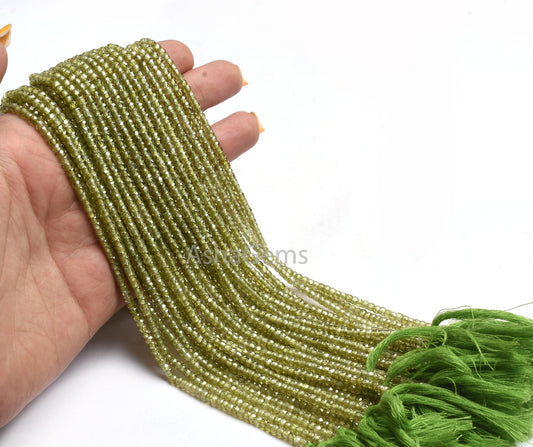 3 mm AAA Green Zircon Micro Faceted Rondelle Beads,13" Strand Peridot Green Cubic Zircon Faceted Beads, Zircon Beads Necklace Jewelry Crafts