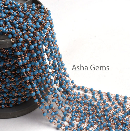 Beautiful Blue Turquoise Hydro Rondelle Micro Cut Beads Rosary Chain Rose Gold Plated Copper Wire Wrap handmade Chains Jewelry Necklace 3 mm